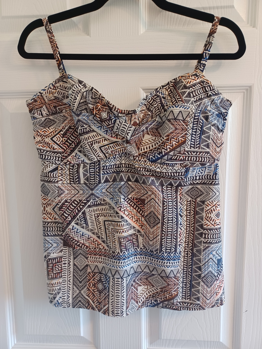 Tribal Print Adjustable Strap Swim Top in Navy & Brown Underwire Bra  38DD